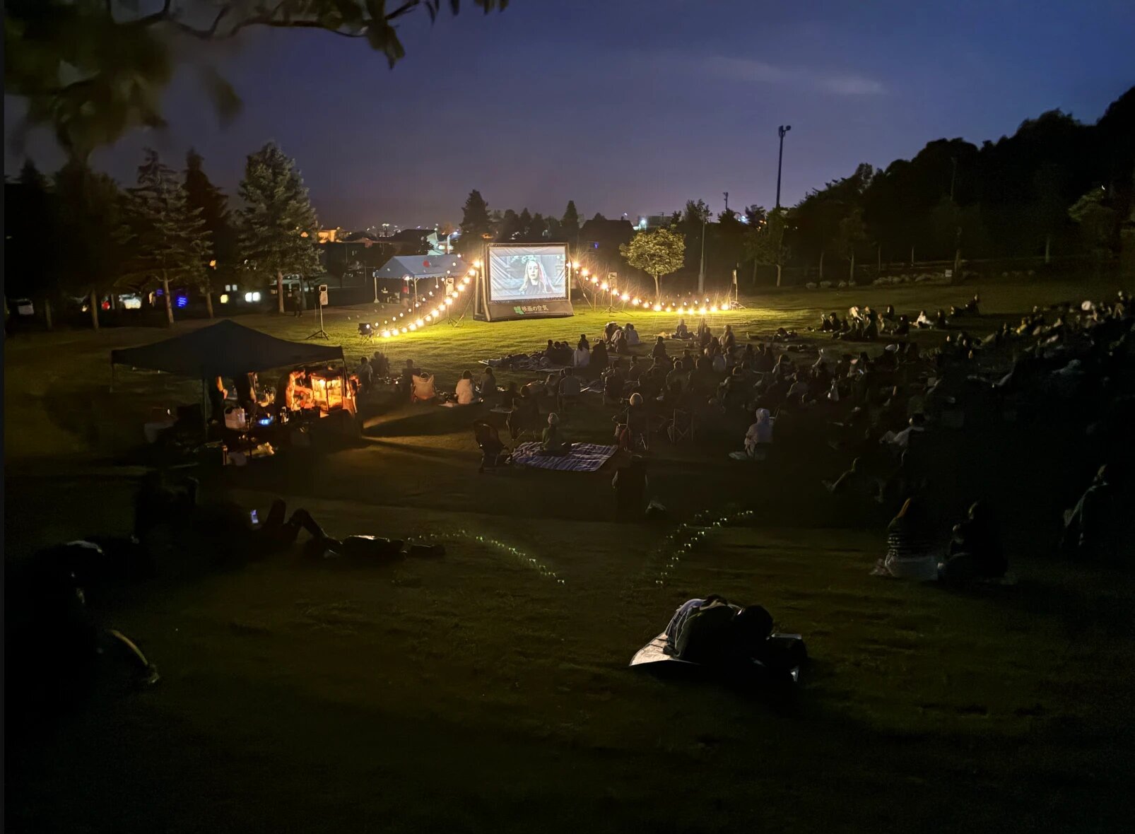 夜の公園で開かれる野外上映イベント